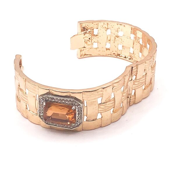 Gold tone lattice clamper bracelet with amber glass stone rhinestone halo - Picture 7 of 10